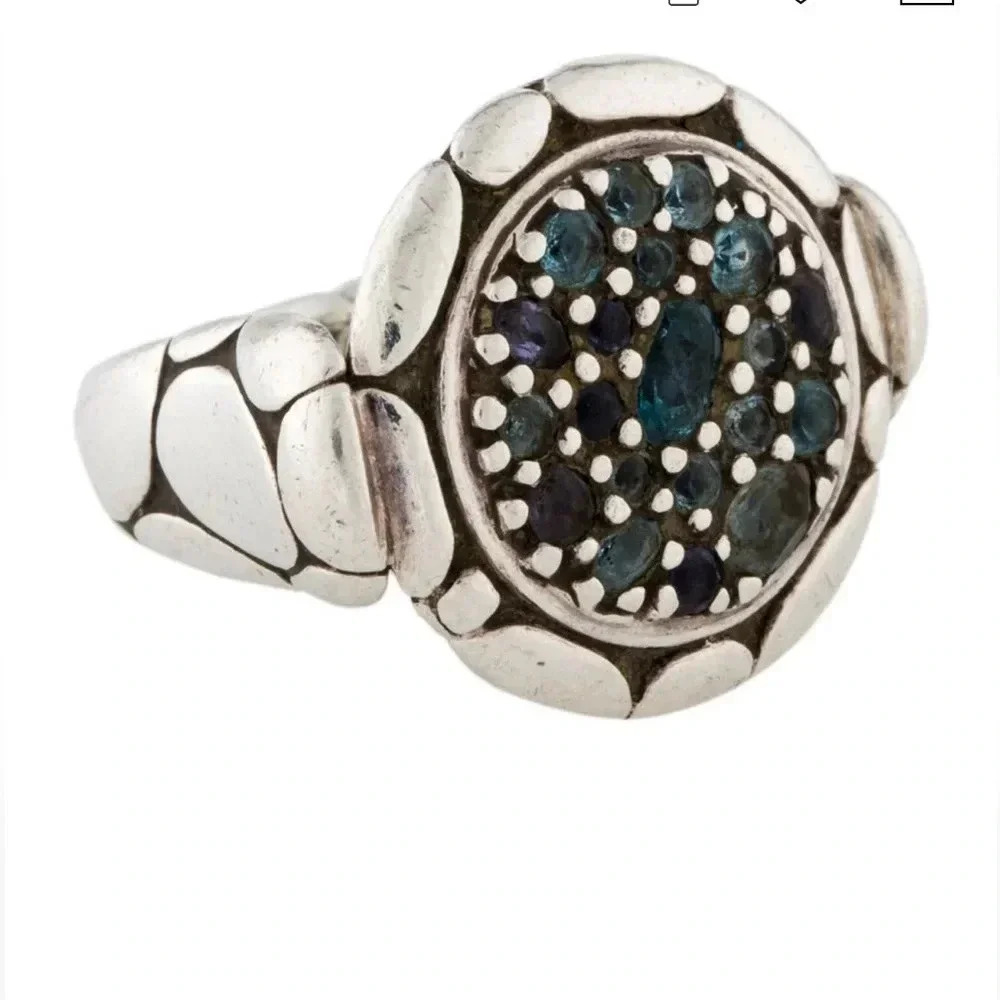 John Hardy Topaz, lolite & Aquamarine Kali Lava Fire Ring Size: 6